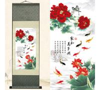 Newscz Art Deco Wall Art Living Room Asian Home Decor Accessories Silk Scroll Paintings Peony and Koi Carp Wall Decorations Kitchen Wall Art House Decor Posters for Bedroom Wall Decor 36 by 12 in