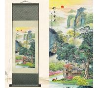 Newscz Asian Wall Art for Bedroom & Kitchen - Silk Scroll Landscape Paintings - 36 x 12 in