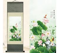 Newscz Asian Wall Art for Living Room Silk Scroll Painting Art Poster Flowers Plant Oriental Chinoiserie Decor Mural Vertical Ready to Hanger Wall Scroll 39 by 12 in
