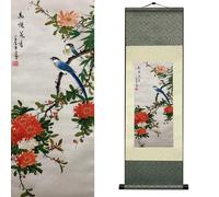 Newscz Bedroom Wall Art Silk Scroll Animal Wall Painting Blue Magpie Bird Posters Wall Tapestry Asian Art House Decoration for Home Living Room Lounge Decor 36 by 12 in(HJ-M005)