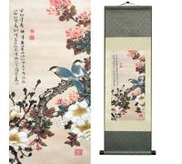 Newscz Bedroom Wall Art Silk Scroll Animal Wall Painting Blue Magpie Bird Posters Wall Tapestry Asian Art House Decoration for Home Living Room Lounge Decor 36 by 12 in(HJ-K005)