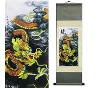 Newscz Bedroom Wall Art Silk Scroll Mythical Beast Dragon Wall Painting 5-Clawed Golden Dragon Posters Wall Tapestry Asian Art House Decoration for Home Living Room Lounge Decor 36 by 12 in(HJ-L001)