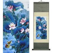 Newscz Bedroom Wall Art Silk Scroll Plant Lotus Wall Painting Lotus and Mandarin Ducks Wall Tapestry Asian Art House Decoration for Home Living Room Lounge Decor 36 by 12 in(HJ-M004)