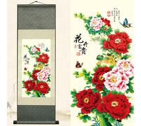 Newscz Wall Decoration for Living Room Asian Wall Art Silk Scroll Paintings Fragrant Peony Canvas Pictures for Wall Hanging Decoration Wall Tapestry Pictures for Hallway Bedroom Decor 36 by 12 in