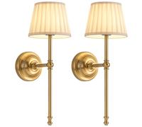NEWSEE Battery Operated Wall Lights Set of 2, Cordless LED Fabric Wall Sconces, 5200mAh Rechargeable, Dimmable with Touch & Remote Control, Wireless Lamp for Hallway, Bedroom Living Room (Gold)