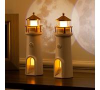 NEWSEE Moon Lamp Set of 2, Lighthouse Night Lights with Full Moon Projector, Cordless Motion Sensor Moon Lighthouse Lamp, Rechargable Battery Powered Lamps for Kids, Boys, Girls, Gift, Decor, 9.6 inch