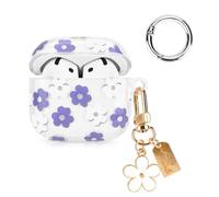 Newseego Clear Case Compatible with AirPods 4th Generation 2024 Cute Transparent Flower Print Pattern Cover with Cute Floral Keychain for Girls Shockproof Protective Case for AirPods 4-Purple & White