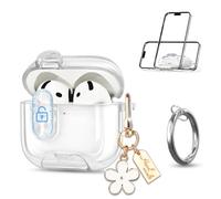 Newseego Clear Case Compatible with AirPods 4th Generation with Secure Lock & Phone Stand, Transparent TPU Full Body Shockproof Cover with Cute Flower Keychain & Carabiner for AirPods 4 Gen 2024-White