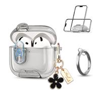 Newseego Clear Case Compatible with AirPods 4th Generation with Secure Lock & Phone Stand, Transparent TPU Full Body Shockproof Cover with Cute Flower Keychain & Carabiner for AirPods 4 Gen 2024-Black