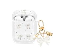 Newseego Clear Case for Airpods 1/2 Gen, Cute Aesthetic Glitter Bowknots Pattern Design with Bow Pearl Keychain for Girls & Women Soft TPU Shockproof Cover for Apple Airpods 1st/2nd Generation