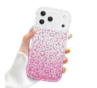 Newseego for iPhone 17 Pro Max Case, Cute Wavy Edge with Luxury Diamonds and Removable Gradient Glittering Leopard Card Design, Soft TPU Shockproof Protective Cover for iPhone 17 Pro Max-Pink