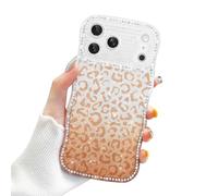Newseego for iPhone 17 Pro Max Case, Cute Wavy Edge with Luxury Diamonds and Removable Gradient Glittering Leopard Card Design, Soft TPU Shockproof Protective Cover for iPhone 17 Pro Max-Brown