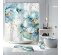 Newsely 4Pcs Marble Teal Blue Shower Curtain Set with Non-Slip Rugs, Toilet Lid Cover and Bath Mat, Abstract Ombre Floral Flower Shower Curtain with 12 Hooks,Modern Bath Curtain for Bathroom Decor