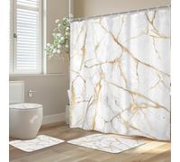 Newsely 4Pcs White and Gold Marble Shower Curtain Set With Non-Slip Rugs, Toilet Lid Cover and Bath Mat, Abstract Modern Crack Line Shower Curtain With 12 Hooks, Luxury Bath Curtain for Bathroom Decor