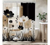 Newsely Abstract Modern Flower Shower Curtain 60Wx72L Inch Floral Black Tan Contemporary Minimalist Brushstroke Plant Bathroom Set Botanical Waterproof Bath Decoration Accessories Home Decor