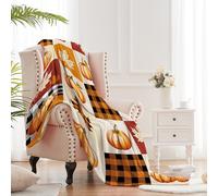 Newsely Autumn Fall Throw Blanket,50x60 Inch Reversible, Pumpkin Maple Leaves Farmhouse Rustic Grid Farm Plant Botany Flannel Blanket Home Decor Super Soft Warm Cozy for Bed Couch Sofa Couch
