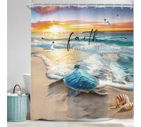 Newsely Beach Sea Turtle Ocean Shower Curtain 60Wx72H Inch Bible Verse Summer Animal Inspirational Quote Shower Curtain Bathroom Set Coastal Hawaii Scenery Waterproof Decoration Accessories Home Decor
