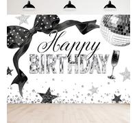 Newsely Black and Silver Bow Happy Birthday Banner Backdrop 7Wx5H Photography Diamond Disco Girls Coquette Star Champagne Background Fashion Bday Party Decorations Banner Photo Booth Props Supplies
