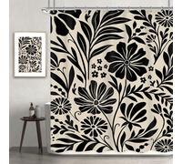 Newsely Black Matisse Flower Shower Curtain 60Wx72H Inch Abstract Floral Vintage Boho Plant Leaves Retro Beige Shower Curtain Bathroom Set Modern Cool Waterproof Bath Decoration Accessories Home Decor