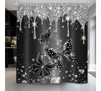 Newsely Black Silver Diamonds Butterfly Shower Curtain 60Wx72L Inch (No Glitter) Modern Black White Luxury Woman Girl Bathroom Set Elegant Pretty Waterproof Bath Decoration Accessories Home Decor
