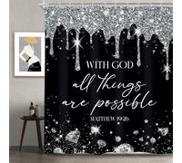 Newsely Black Silver Diamonds Quotes Shower Curtain 60Wx72H Inch (No Glitter) Modern Black White Bible Verse Luxury Christian Scripture Bathroom Set Women Waterproof Decoration Accessories Home Decor