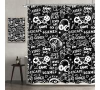Newsely Boys Gamer Shower Curtain 60Wx72H Inch Video Game Teens Kids Black White Graffiti Gamepad Gaming Controller Shower Curtain Bathroom Set Cool Waterproof Bath Decoration Accessories Home Decor