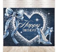 Newsely Denim and Diamonds Bow Backdrop 8Wx6H Photography Blue Coquette Silver High Heels Happy Birthday Banner for Women Girls Background Pearl Party Decorations Banner Photo Booth Props Supplies