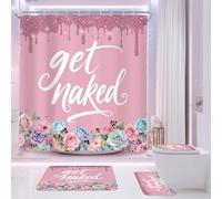 Newsely Diamonds Pink Get Naked 4Pcs Bathroom Shower Curtain Set with Rugs
