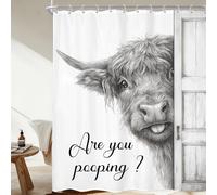 Newsely Funny Highland Cow Shower Curtain 60Wx72L Inch Black and White Rustic Farmhouse Wooden Door Bathroom Set Humorous are You Pooping Waterproof Bath Decoration Accessories Home Decor