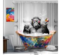 Newsely Funny Monkey Shower Curtain 60Wx72H Inch Black White Animal in Bathtub Chimpanzee Boys Men Shower Curtain Bathroom Set Modern Graffiti Cool Waterproof Bath Decoration Accessories Home Decor