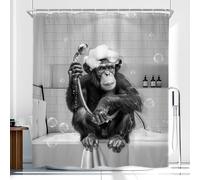 Newsely Funny Monkey Shower Curtain 60Wx72L Inch Black White Animal Chimpanzee Washing Hair in Bathtub Bubble Hilarious Bathroom Set Modern Waterproof Bath Decoration Accessories Home Decor