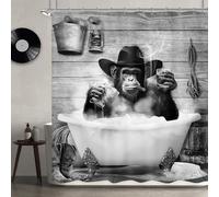 Newsely Funny Monkey Shower Curtain, 72"W x 72"H, Western Cowboy Chimpanzee in Bathtub, Black and White Animal World Shower Curtain, Bathroom Set, for Boys and Men, Waterproof