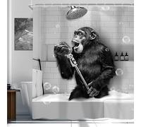 Newsely Funny Monkey Shower Curtain 72Wx72H Inch Black White Animal Chimpanzee Singing in Bathtub Men Kids Boy Shower Curtain Bathroom Set Modern Cool Waterproof Bath Decoration Accessories Home Decor