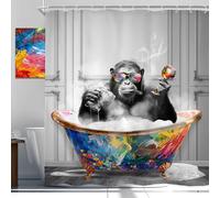 Newsely Funny Monkey Shower Curtain 72Wx72H Inch Black White Animal in Bathtub Chimpanzee Boys Men Shower Curtain Bathroom Set Modern Graffiti Cool Waterproof Bath Decoration Accessories Home Decor