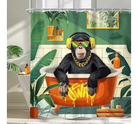 Newsely Funny Monkey Shower Curtain 72Wx72H Inch Tropical Palm Leaves Animal Bathing in Bathtub Modern Cool Shower Curtain Bathroom Set for Boys Men Waterproof Bath Decoration Accessories Home Decor