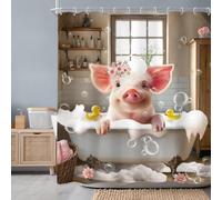 Newsely Funny Pig Shower Curtain 60"W x 72"L Inch Farmhouse Rustic Farm Animal in Bathtub Cute Western Country Shower Curtain Bathroom Set Pink Floral Waterproof Bath Decoration Accessories Home Decor