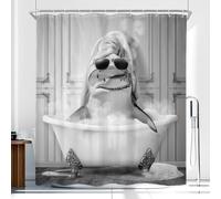 Newsely Funny Shark Shower Curtain 60Wx72L Inch Black White Animal Taking Shower in Bathtub Hilarious Smoking Cute Cartoon Bathroom Set Modern Waterproof Bath Decoration Accessories Home Decor