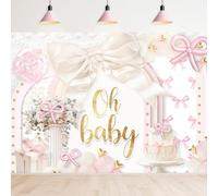 Newsely Golden Pink Bow Baby Shower Backdrop 7Wx5H Photography Oh Baby Girls Bow Cute Balloon Lovely Girly Background Diamond Background Luxury Party Decorations Banner Photo Booth Props Supplies