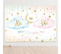 Newsely He Or She Gender Reveal Backdrop 5Wx3H Photography Cute Boy or Girl Pink Cloud What Will Baby Be Gold Stars Moon Background Lovely Newborn Party Decorations Banner Photo Booth Props Supplies