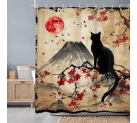Newsely Japanese Cherry Blossom Shower Curtain 60Wx72H Inch Mountain Sun Red Asian Cat Anime Vintage Shower Curtain Bathroom Set Retro Scenery Waterproof Bath Decoration Accessories Home Decor