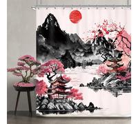 Newsely Japanese Cherry Blossom Shower Curtain 72Wx72H Inch Asian Red Black Anime Mountain Sun Chinese Ink Scenery Shower Curtain Bathroom Set Vintage Waterproof Bath Decoration Accessories Home Decor