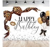 Newsely Leopard Print Bow Happy Birthday Backdrop 7Wx5H Photography Coquette Brown White Gold Bowknot Balloons Diamond Bownot Background Girly Party Decorations Banner Photo Booth Props Supplies