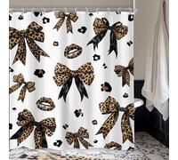 Newsely Leopard Print Bow Shower Curtain 60Wx72L Inch Woman Girls Bownot Retro Brown Cheetah Fashion Shower Curtain Bathroom Set Vintage Modern Waterproof Bath Decoration Accessories Home Decor
