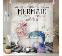 Newsely Mermaid Shower Curtain 60Wx72H Inch Nautica Watercolor Ocean Cartoon Pretty Girls Shower Curtain Bathroom Set Bathtub Flower Plant Waterproof Bath Decoration Accessories Home Decor