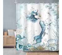 Newsely Mermaid Shower Curtain 72Wx72H Inch Nautical Blue Sea Ocean Octopus Coral Underwater Fish Seashell Jellyfish Shower Curtain Bathroom Set Teal Waterproof Bath Decoration Accessories Home Decor