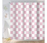 Newsely Pink White Checkered Shower Curtain 72Wx72L Inch Abstract Y2K Cute Vintage Hippie Groovy 2000s 70s Aesthetic Bathroom Set Modern Waterproof Bath Decoration Accessories Home Decor