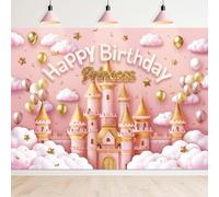 Newsely Princess Castle Backdrop 7Wx5H Photography Pink Goleden Balloons Pastel Cloudy Sky Cute Lovely Fantasy Pretty Beautiful Background Girly Party Decorations Banner Photo Booth Props Supplies