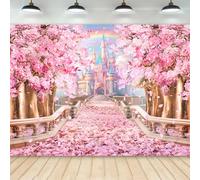 Newsely Princess Castle Backdrop 7Wx5H Photography Pink Sakura Floral Rainbow Flowers Fantasy Fairy Tale Wonderland Background Stairs Road Party Decorations Banner Photo Booth Props Supplies
