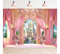 Newsely Princess Castle Garden Backdrop 5Wx3H Photography Pink Palace Curtain Crystal Floral Green Plants Cloud Lamp Sky Background Cute Girly Party Decorations Banner Photo Booth Props Supplies