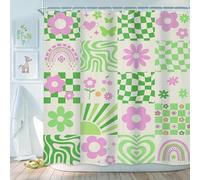 Newsely Retro Cute Green Pink Flower Shower Curtain 182x183cm Abstract 70s Danish Pastel Plaid Rainbow Groovy Shower Curtain Bathroom Set Girls Waterproof Bath Decoration Accessories
